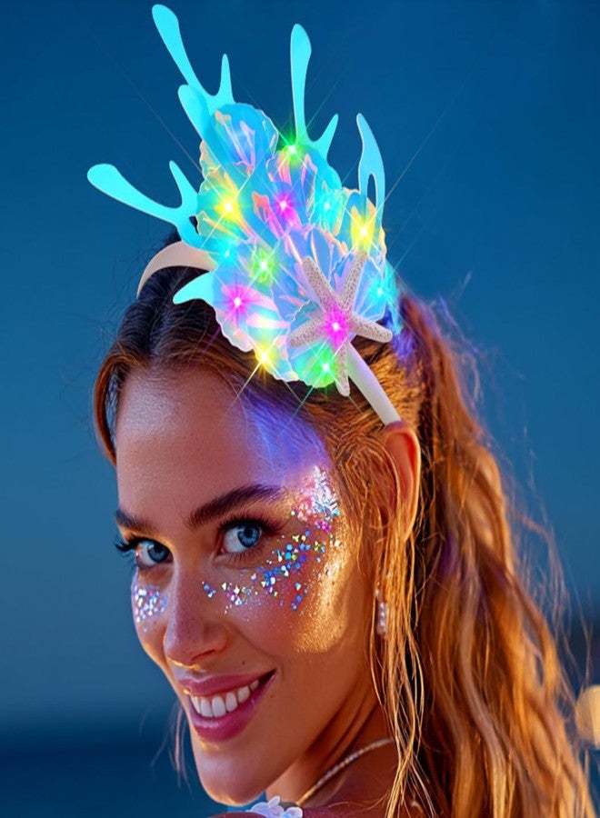 ايفينت طوق رأس حورية البحر المضيء من إيرنت، غطاء رأس على شكل نجم البحر الأزرق، إكسسوارات شعر متوهجة على شكل صدفة بحرية، زي تنكري مستوحى من المحيط للنساء - Image 2